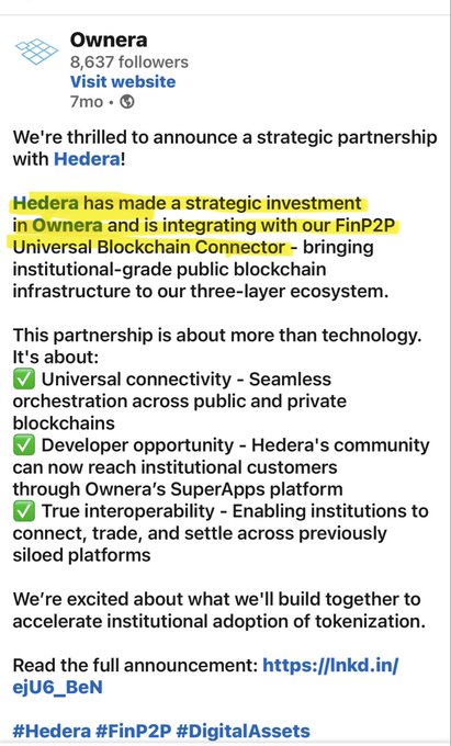 A LinkedIn post from Ownera announcing a strategic partnership with Hedera, noting Hedera's strategic investment and integration with their FinP2P Universal Blockchain Connector, with hashtags #Hedera #FinP2P #DigitalAssets.
