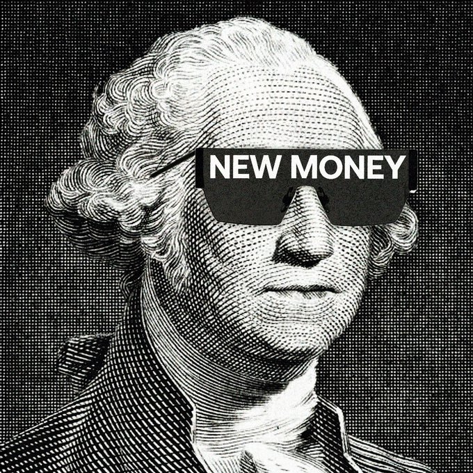 An illustration of George Washington on currency features dark sunglasses with the text "NEW MONEY" printed across the lenses.