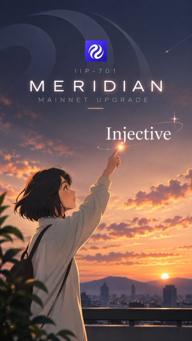 An anime-style promotional image for 'Injective Meridian IIP-701 Mainnet Upgrade', depicting a person reaching toward a glowing star at sunset over a city skyline.