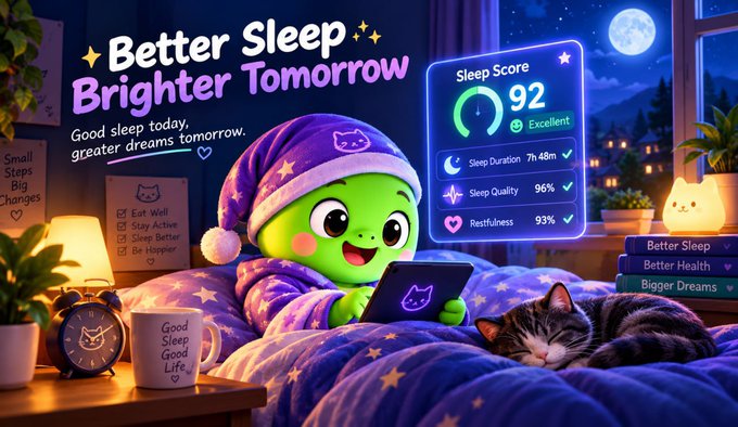 A promotional graphic titled "Better Sleep Brighter Tomorrow" features a green character in a purple sleeping cap holding a tablet, displaying a sleep score of 92 with metrics including Sleep Duration 7h 48m, Sleep Quality 96%, and Restfulness 93%.