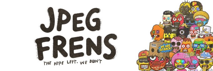 The image features the "JPEG FRENS" logo with the tagline "THE HYPE LEFT. WE DIDN'T" alongside a colorful collage of various NFT character avatars, likely related to the post celebrating the user's collection of five JPEG Frenz NFTs.