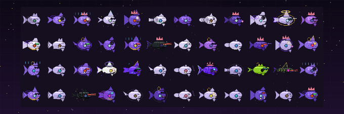 A collection of pixel-art fish characters in various colors (predominantly purple, white, and green) with crowns, hats, and unique designs is displayed against a dark starry background, promoting the upcoming release of 3,275 "Ink Fish" NFTs on the Ink blockchain. The image serves as a teaser showcasing the diverse styles of fish characters that will be part of the collection.
