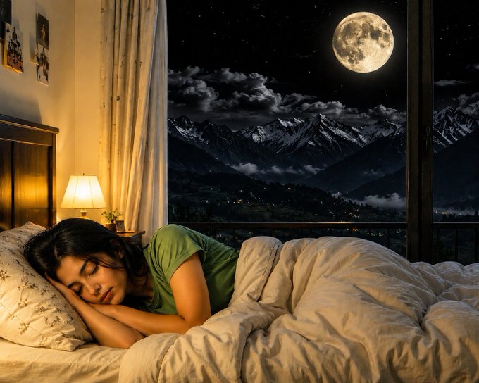 A young woman sleeps peacefully in a cozy bed next to a large window that overlooks a stunning nighttime mountain landscape with a full moon and stars.