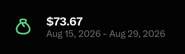 The image displays earnings of $73.67 for the period August 15–29, 2026, accompanied by a green money bag icon, illustrating the modest income the user received from 500k impressions on ElonFi.