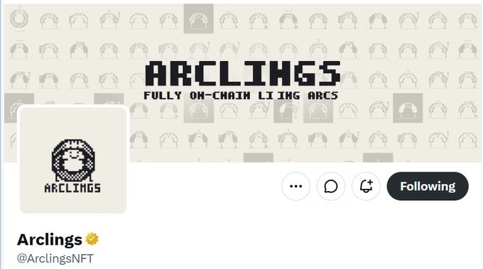 Twitter/X profile header for Arclings (@ArclingsNFT), a fully on-chain NFT collection featuring pixel-art faces, with a verified badge and 'Following' button.