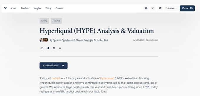 A webpage displaying a Multicoin Capital article titled "Hyperliquid (HYPE) Analysis & Valuation," co-authored by Spencer Applebaum, Sharon Segupta, and Tushar Jain on June 25, 2026, which corresponds to the post announcing their published analysis framing Hyperliquid as "the everything exchange" beyond just a perpetual DEX.