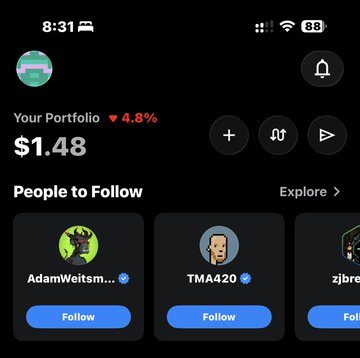 A mobile app screenshot displaying a portfolio value of '$1.48' with a '4.8%' decrease, alongside a 'People to Follow' section featuring 'AdamWeitsman' and 'TMA420'.