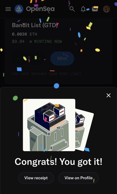 An OpenSea mobile screenshot showing a successful mint of 'Bandit List (GTD)' NFT for 0.0036 ETH ($9.04), with a 'Congrats! You got it!' confirmation popup.
