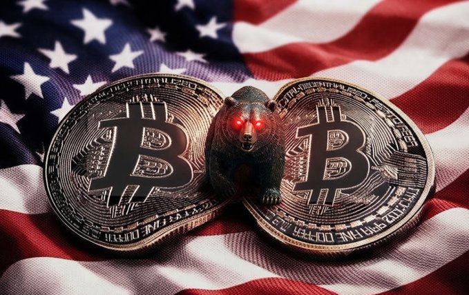 Two physical Bitcoin tokens resting on an American flag, with a small bear figurine featuring glowing red eyes placed between them.