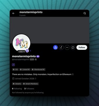 Screenshot of an Instagram profile 'monstermisprints' (@monstermisprint) describing themselves as 'monsters. imperfection on Ethereum' with an NFT-style profile picture.