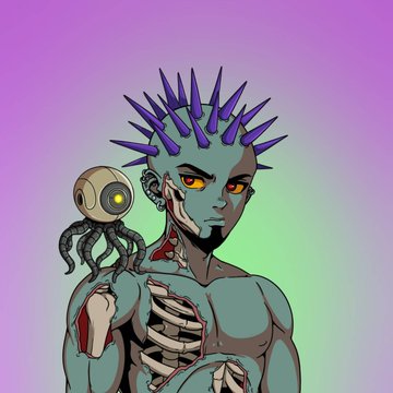 A digital illustration of a blue-skinned humanoid character with purple spikes and mechanical parts on the shoulder, set against a pastel gradient background.