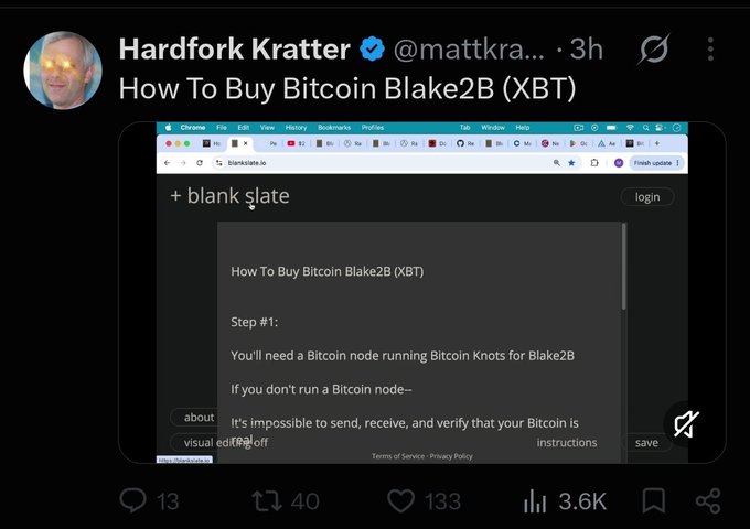 A screenshot of a tweet by 'Hardfork Kratter @mattkra... · 3h' titled 'How To Buy Bitcoin Blake2B (XBT)' showing a website 'blank slate' with instructions, and engagement metrics of 13 comments, 40 reposts, and 3.6K views.