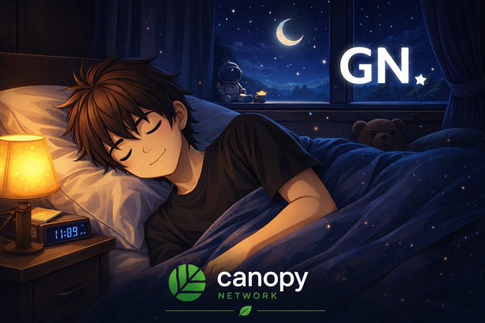 A peaceful anime-style illustration shows a young boy peacefully sleeping in bed under a starry night sky with a crescent moon visible through his window, accompanied by the text "GN" (good night) and the "Canopy Network" logo. The cozy "good night" theme reinforces the post's closing sentiment, while the Canopy Network branding ties directly to the poster's interest in the CNPYNetwork project.
