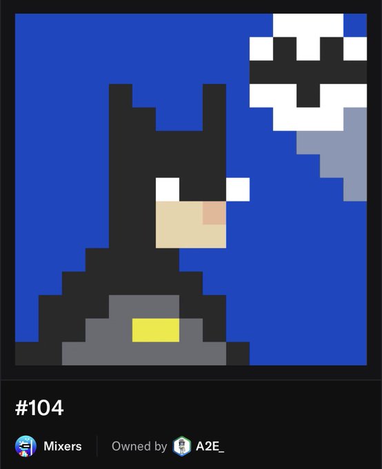 Pixel art NFT (#104) of a Batman-like character with a '@' symbol in the background, titled 'Mixers' and owned by 'A2E_'.