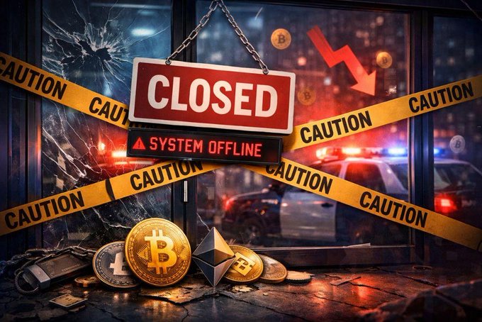 A digital illustration depicting a crypto-related scene with a 'CLOSED' sign and 'SYSTEM OFFLINE' warning, surrounded by caution tape, with Bitcoin and Ethereum coins in front of a shattered window showing police lights.