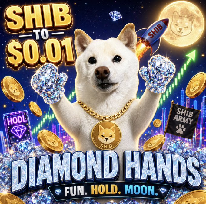 The image shows a white Shiba Inu dog wearing gold gloves with diamonds holding up a silver rocket ship against a blue background, surrounded by scattered diamond-encrusted coins and stars, which appear to be falling down towards the earth below the dog's feet. The message in the accompanying post encourages people to believe that the dream of owning a Shiba Inu is alive, while also expressing fun vibes and promoting the idea of "holding strong."