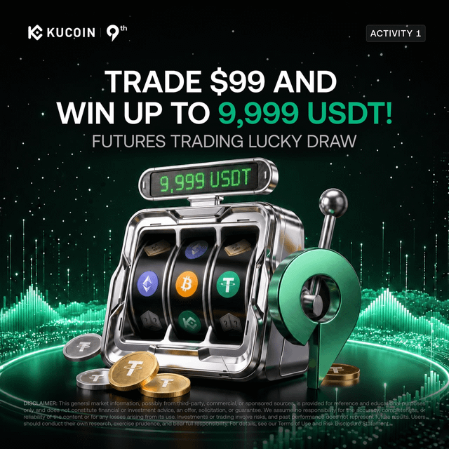 A KuCoin promotional graphic for a futures trading lucky draw, featuring a slot machine and the text 'TRADE $99 AND WIN UP TO 9,999 USDT!'.