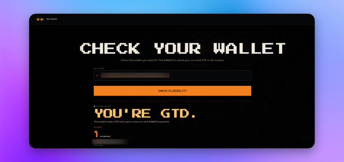 A dark-themed digital interface screen displaying 'CHECK YOUR WALLET' with pixelated text, an orange 'CHECK ELIGIBILITY' button, and a result showing 'YOU'RE GTD.' indicating wallet eligibility status.
