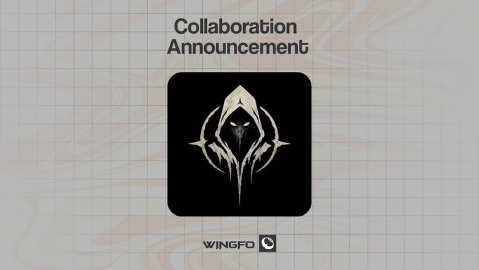 A 'Collaboration Announcement' graphic features a dark, hooded skull-like emblem on a grid background with the 'WINGFO' logo at the bottom.