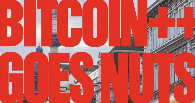 Large red text reading 'BITCOIN++ GOES NUTS' is overlaid on a background image of a European city street with classical architecture.