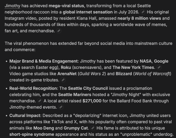 The image displays text describing how "Jimothy," a viral raccoon from Seattle, achieved mega-viral status in July 2026, gaining nearly 8 million views, features from NASA, Google, Roku, and The New York Times, in-game tributes from ArenaNet and Blizzard, and $271,000 raised for the Ballard Food Bank. The caption supports the post's argument that $Jimothy is a strong candidate for memecoin success during a bull market, as his mainstream brand recognition, cultural impact, and "depolarizing" appeal demonstrate the kind of widespread, normie-friendly virality that typically attracts speculative investment in animal-themed tokens.