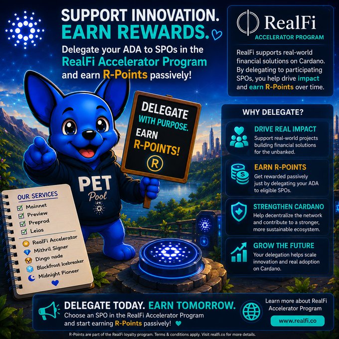 A promotional graphic for the 'RealFi Accelerator Program' featuring a blue kangaroo mascot in a 'PET Pool' hoodie holding a 'DELEGATE WITH PURPOSE. EARN R-POINTS!' sign, with services listed including Mainnet, Preview, Preprod, Leios, and Midnight Pioneer.