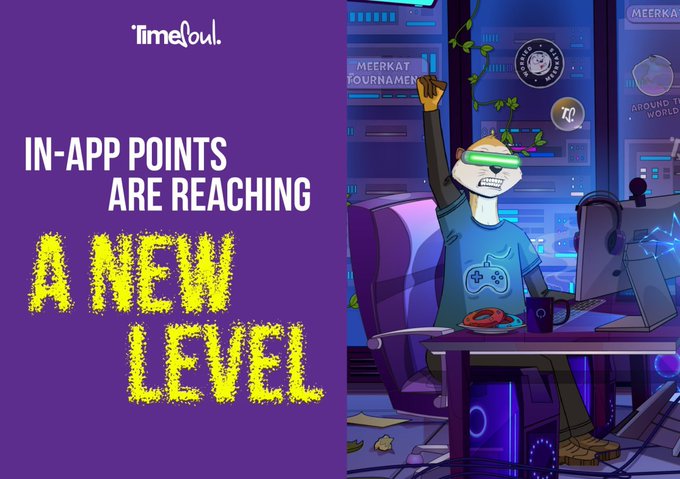 A vibrant gaming-style illustration features a determined gamer at a computer setup, with the headline "IN-APP POINTS ARE REACHING A NEW LEVEL" alongside the TimeSoul logo, visually reinforcing the post's message about the platform's growing reward ecosystem and gaming-inspired community engagement.