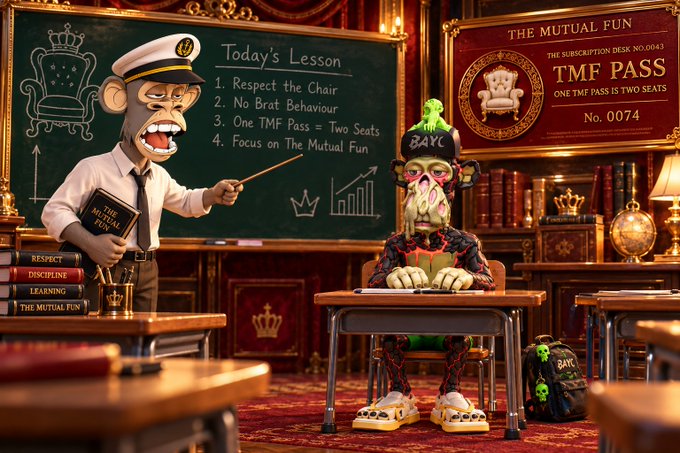 A whimsical classroom scene featuring a monkey teacher in a captain's hat at a chalkboard listing rules like '1. Respect the Chair' and '3. One TMF Pass = Two Seats', with a zombie-like student wearing a 'BAYC' hat seated at a desk, alongside a 'TMF PASS No. 0074' display.
