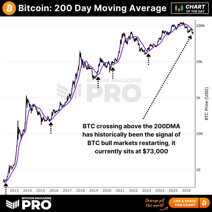 A Bitcoin Magazine Pro chart shows Bitcoin's price relative to its 200-day moving average from 2013 to 2026, with arrows marking previous instances where BTC crossed above the 200DMA at cycle lows. The chart illustrates that BTC currently trades at ~$73,000 above its 200DMA, historically a bullish signal for cycle bottoms—aligning with the post's claim that "this is what cycle bottoms look like."