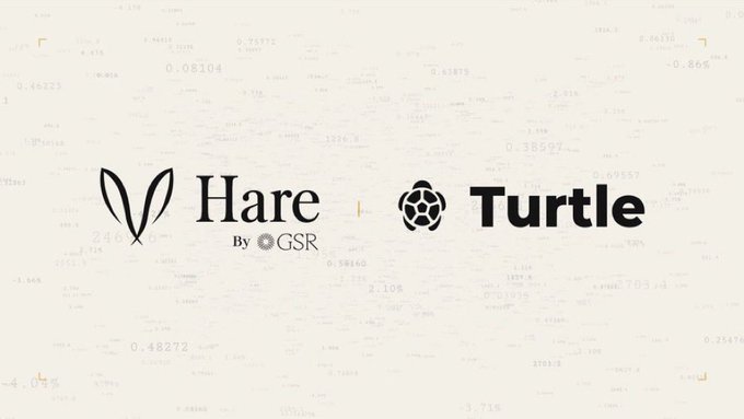 The image displays logos for "Hare By GSR" and "Turtle," separated by a vertical line, set against a white backdrop scattered with numerical figures, promoting a partnership between the two crypto platforms.