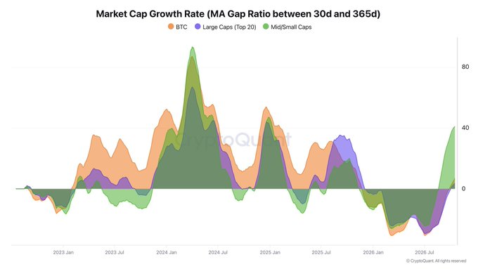 A CryptoQuant chart titled "Market Cap Growth Rate (MA Gap Ratio between 30d and 365d)" tracks the 30-day vs 365-day moving average gap ratio for BTC (orange), Large Caps Top 20 (purple), and Mid/Small Caps (green) from early 2023 through July 2026. The visualization highlights how the green Mid/Small Caps line has spiked sharply upward to roughly 41 in recent months, well above Bitcoin's modest ~7 reading, illustrating the recent altcoin outperformance referenced in Darkfost's analysis.