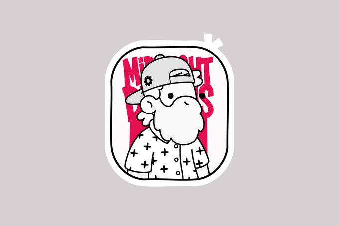 A cartoon-style sticker/logo featuring a bearded character wearing a cap with a gear symbol and a polka-dot shirt, with partial red text visible behind him reading 'MADE IT OUT'.