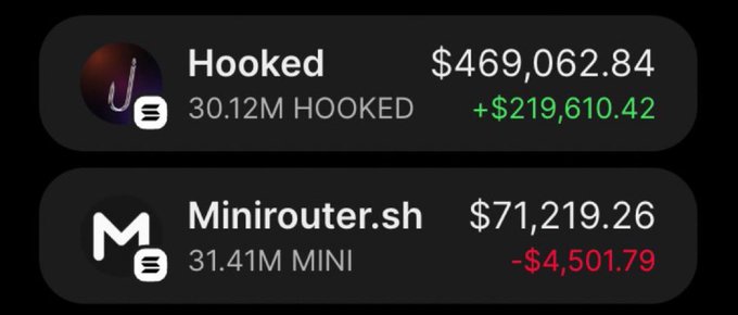 A portfolio view showing $HOOKED valued at $469,062.84 (up $219,610.42 from a 30.12M token position) and $MINI/Minirouter.sh at $71,219.26 (down $4,501.79 from 31.41M tokens), illustrating the post's claim of profitable memecoin trades, with $HOOKED being one of the highlighted success picks that surged from a $105K to $31M market cap.