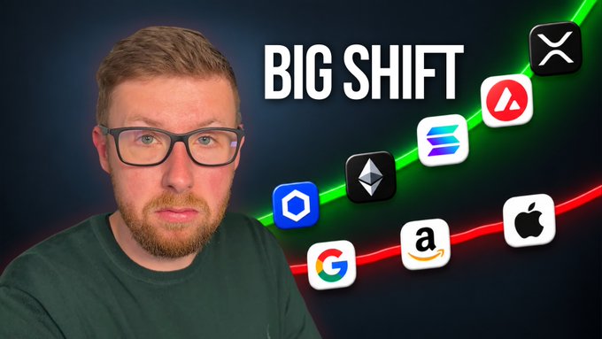 A man wearing glasses stands in front of a dark background displaying the text 'BIG SHIFT' alongside a rising green trend line and logos for various tech companies including Chainlink, Ethereum, Solana, Avalanche, XRP, Apple, Amazon, and Google.