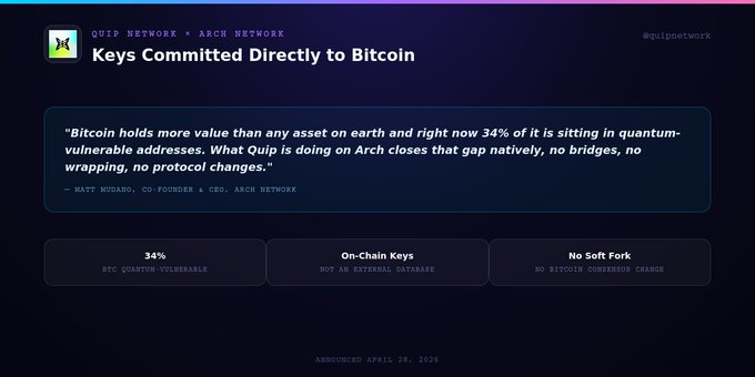 A promotional graphic from Quip Network and Arch Network titled 'Keys Committed Directly to Bitcoin' featuring a quote from Matt Mudano addressing quantum-vulnerable addresses, with statistics: 34% BTC quantum-vulnerable, On-Chain Keys, and No Soft Fork, announced April 28, 2026.
