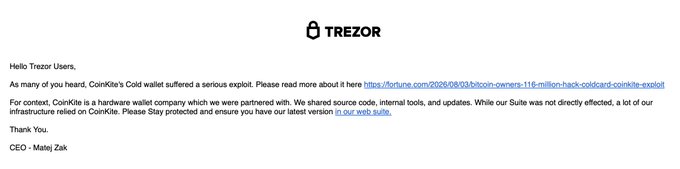 A notice from Trezor with the header "Hello Trezor Users," signed by CEO Matej Zak, warning users about a CoinKite Cold wallet exploit and advising them to update their web suite.