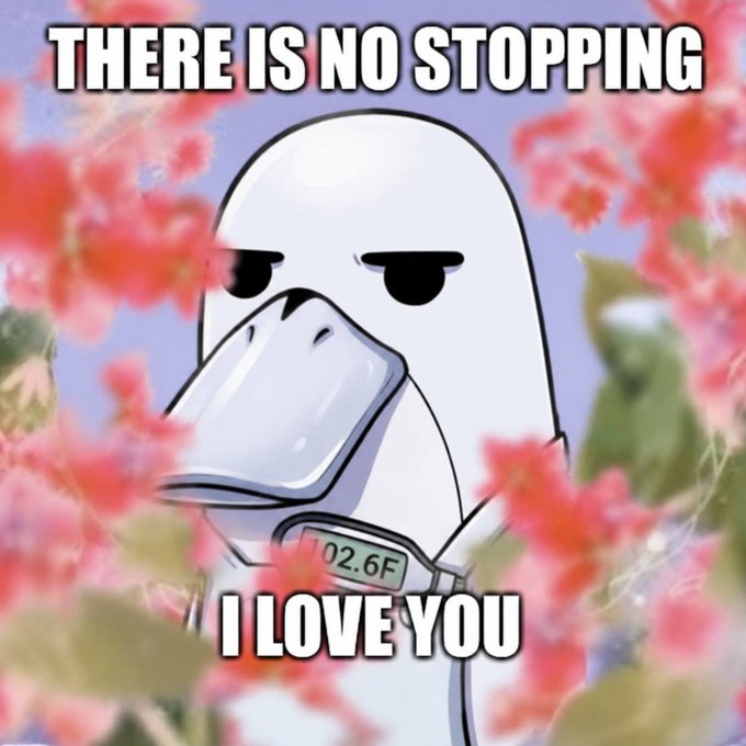 A meme image of a stoic cartoon duck or goose surrounded by pink blossoms, with text reading 'THERE IS NO STOPPING' at the top and 'I LOVE YOU' at the bottom.