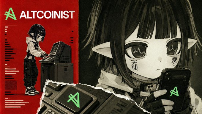 An anime-style promotional graphic for 'ALTCOINIST' featuring a dark-haired character, with the Altcoinist logo, Japanese text reading 天使 (angel) and 愛 (love), and a stylized 'A' symbol.