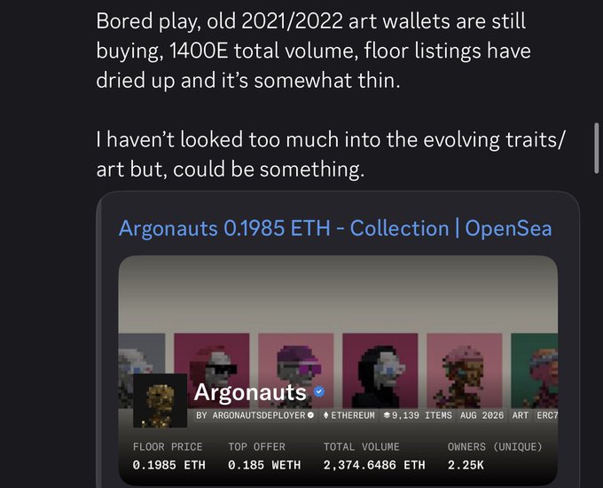 A screenshot showing a Twitter/X post discussing NFT floor prices, featuring an OpenSea link for the 'Argonauts' collection with a floor price of 0.1985 ETH, top offer of 0.185 ETH, and total volume of 2,374.6486 ETH.