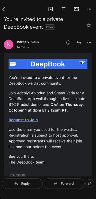 A Gmail screenshot showing an invitation to a private DeepBook event for the waitlist community, scheduled for Thursday, October 1 at 3pm ET / 12pm PT.