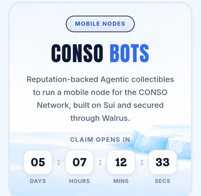 A 'MOBILE NODES CONSO BOTS' graphic describes 'Reputation-backed Agentic collectibles' built on Sui and secured through Walrus, featuring a countdown timer showing 05 days, 07 hours, 12 minutes, and 33 seconds until claim opens.