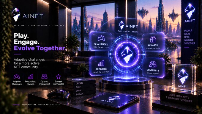 An advertisement for AINFT displays the text 'Play. Engage. Evolve Together' and 'Adaptive challenges for a more active NFT community,' with features like 'Challenges,' 'Rewards,' 'Progress,' and 'Community' surrounding a glowing central icon.