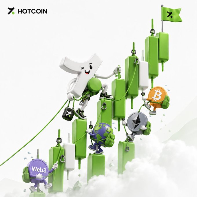A 3D promotional graphic for "HOTCOIN" featuring a cartoon character with the exchange's logo climbing a green candlestick chart, accompanied by cryptocurrency mascots including Bitcoin, Ethereum, Web3, and a globe character.