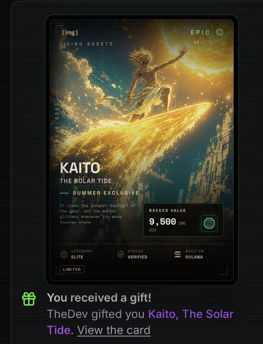 A digital trading card titled 'KAITO - THE SOLAR TIDE' marked as a Summer Exclusive with a backed value of 9,500 SKG, with a Discord notification indicating 'TheDev' gifted the user this card.