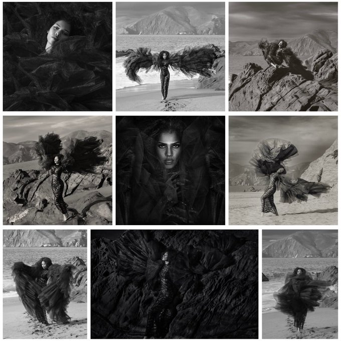 Black-and-white collage of nine photographs featuring a woman in flowing dark fabric posing on a rocky beach and coastal landscape.