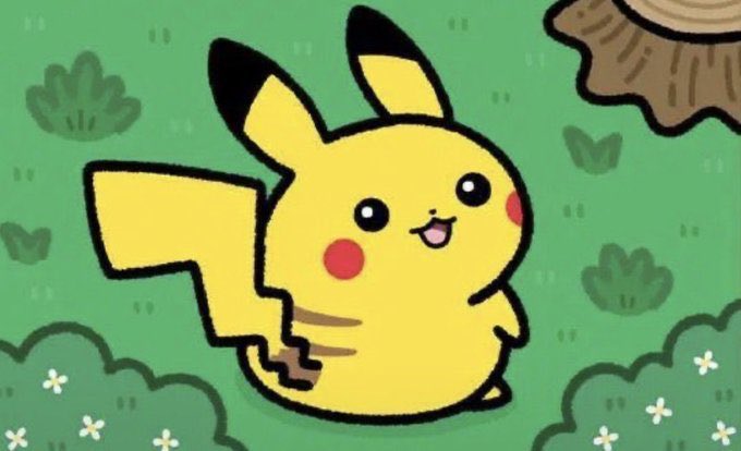 An illustration of Pikachu running happily through a grassy field with trees and flowers.