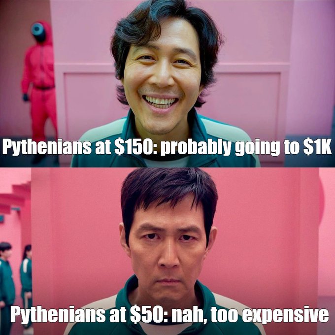 A two-panel meme using images from the TV show Squid Game. The top panel shows a smiling character with text 'Pythenians at $150: probably going to $1K', and the bottom shows a stern character with text 'Pythenians at $50: nah, too expensive'.