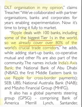 A close-up of a printed article discussing DLT and Ripple partnerships, featuring highlighted passages that highlight "Ripple deals with 100 banks, including some of the biggest Tier 1s in the world" and "over 80% of the world's crucial trade corridors," naming India's Axis Bank, National Bank of Abu Dhabi (NBAD), SEB, National Australia Bank (NAB), and Mizuho Financial Group (MHFG).