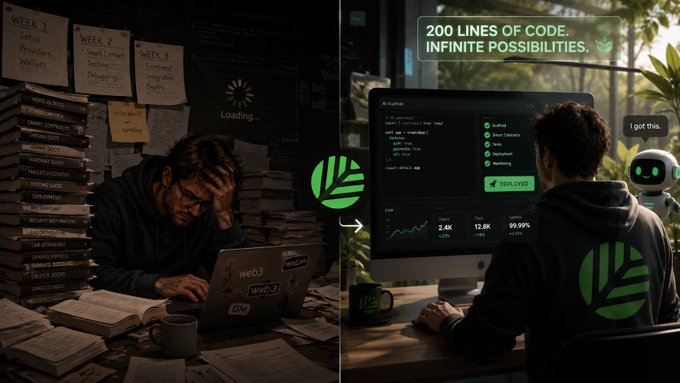 A split-image showing a frustrated developer surrounded by stacked books and sticky notes labeled "WEEK 1," "WEEK 2," and "WEEK 3" (with topics like "Setup," "Provider," and "Debugging") on the left, contrasted with a streamlined scene on the right where an AI assistant says "I got this" as the developer deploys code with the caption "200 LINES OF CODE. INFINITE POSSIBILITIES," visually reinforcing the post's message about how AI-first tooling from @CNPYNetwork, which raised $8.5M, transforms the once-grueling web3 development process.