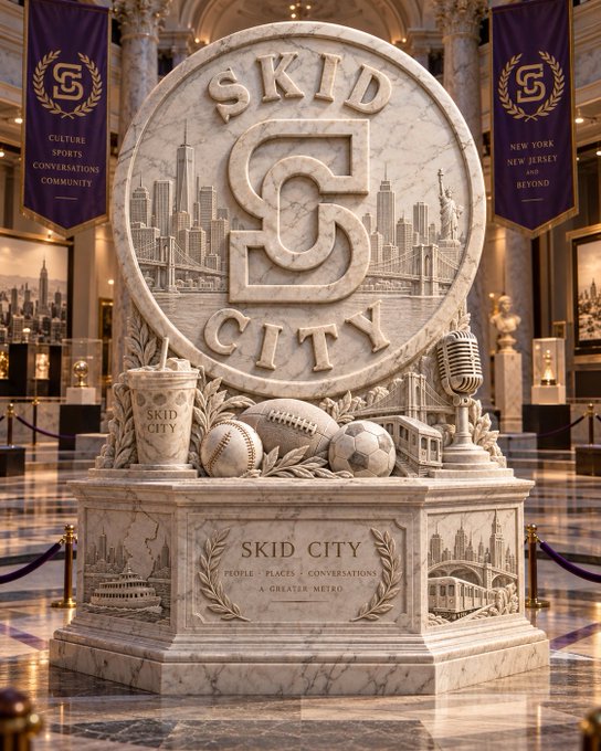 An ornate monument in a museum features a large circular emblem reading 'SKID CITY' with an 'SC' logo over a carved city skyline, surrounded by sports items and banners for 'CULTURE SPORTS CONVERSATIONS COMMUNITY' and 'NEW YORK NEW JERSEY AND BEYOND'.